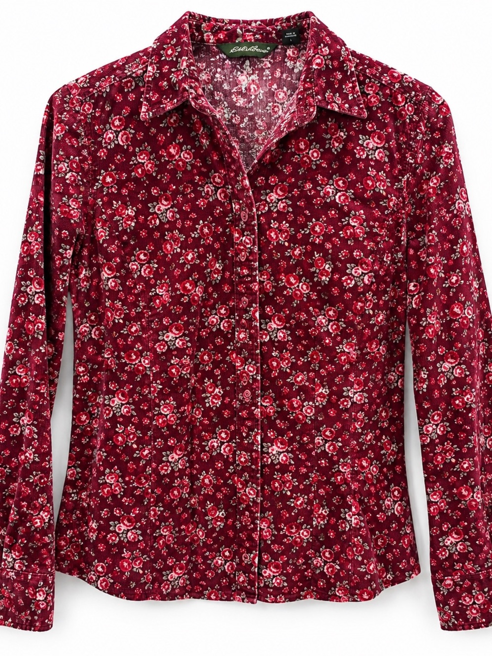 Eddie Bauer Romantic Rose Print Burgundy Corduroy Shirt Cottagecore Women Large